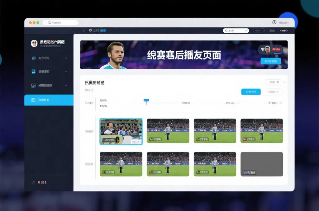 比赛结束后,电视屏幕展示集锦回放页面,旁边有时间轴和多角度切换提示